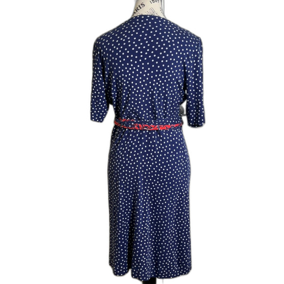Lilly Pulitzer Navy White Polka Dot Wrap Dress Belted Medium Knee Length Modest - Picture 3 of 9